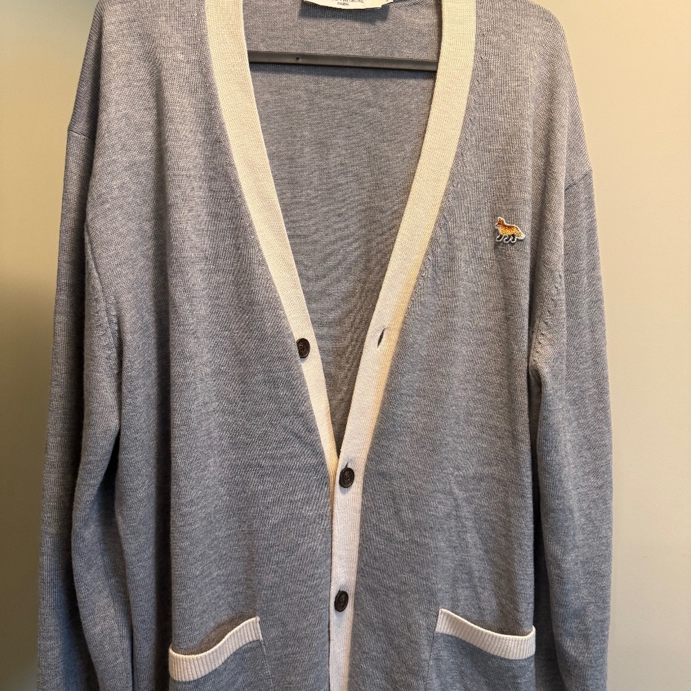 Maison Kitsune Grey and Cream Baby Fox Cardigan